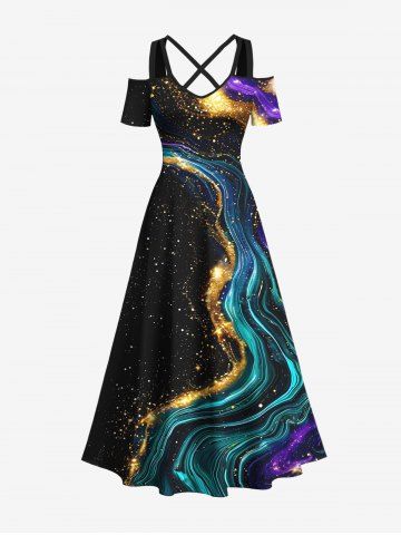 Plus Size Glitter River Galaxy Print Hawaii Cold Shoulder Crisscross Strappy A Line Maxi Dress - BLACK - XXS