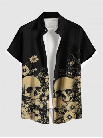 Plus Size Skulls Daisy Flowers Print Buttons Pocket Hawaii Shirt For Men - BLACK - L