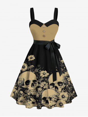 Plus Size Skulls Daisy Flowers Print Buttons Turn Down Collar Hawaii Dress With Belt - BLACK - 2X