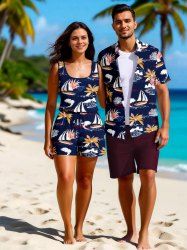 Ensemble chemise et barboteuse hawaïennes assorties, grande taille, imprimé cocotier et voilier, pour couples - Bleu 