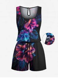 Combinaison hawaïenne cintrée grande taille à imprimé tropical, fleurs d'hibiscus et feuilles - Noir 6X