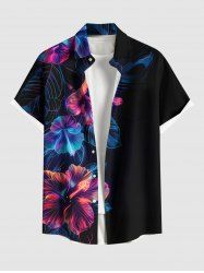 Chemise hawaïenne grande taille à imprimé tropical, fleurs d'hibiscus et feuilles, avec poches et boutons, pour homme - Noir 2XL