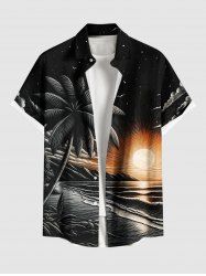 Chemise hawaïenne grande taille à boutons et poches, imprimé cocotiers, soleil et paysage marin, pour homme - Noir M