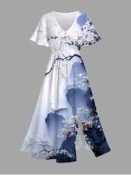 Robe mi-longue hawaïenne fendue grande taille à imprimé fleurs de prunier de montagne de style chinois - Bleu XXS