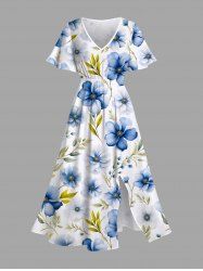 Plus Size Flowers Leaf Print Split Hawaii Midi Dress -  
