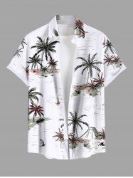 Plus Size Coconut Tree Sailboat Sea Waves Print Buttons Pocket Hawaii Shirt For Men -  