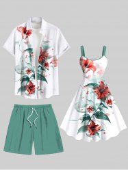 Hibiscus Flower Leaf Print Plus Size Matching Hawaii Beach Outfit For Couples -  