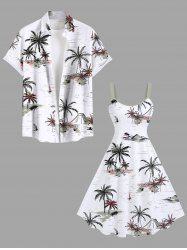 Tenue de plage hawaïenne assortie grande taille à imprimé cocotier et voilier et vagues pour couples - Blanc 