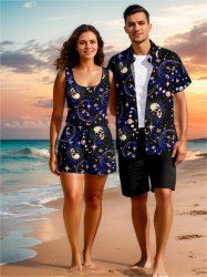 Ensemble chemise et barboteuse hawaïennes assorties, grande taille, tenue de plage, motif galaxie, crânes, lune, soleil et étoiles, imprimé pour couples - Bleu 