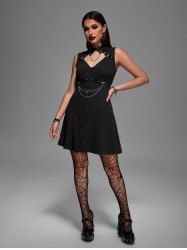 Gothic Cut Out Panel Full Button Chain Buckle Grommet Solid Sleeveless A Line Dress -  