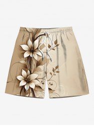 Short de plage hawaïen grande taille à cordon de serrage et imprimé floral et branches pour homme - café lumière 6XL