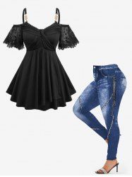 Flower Lace Jacquard Embroidery Sleeves Crossover Top and 3D Denim Lace Up Print Leggings Plus Size Outfit -  