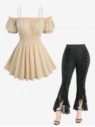 Ruched Bust Elastic Waist Top and Skull Fishnet Mesh Lace Up Ruffles Flare Pants Plus Size Outfit -  