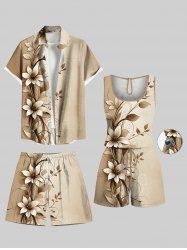 Matching Hawaii Shirt Shorts and Romper Plus Size Beach Outfit Ombre Flower Branch Curve Print For Couples -  