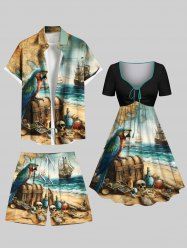 Distressed Sailboat Sea Wave Parrot Treasure Chest Skull Print Plus Size Matching Hawaii Beach Outfit For Couples -  