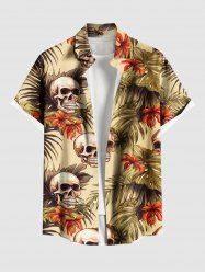 Chemise hawaïenne grande taille à imprimé tête de mort, feuilles tropicales, fleurs d'hibiscus, boutons et poches pour homme - café lumière L