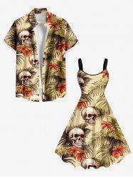 Skulls Tropical Leaf Hibiscus Flowers Print Plus Size Matching Hawaii Beach Outfit For Couples -  