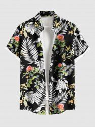Plus Size Tropical Leaf Flower Print Hawaii Button Pocket Shirt For Men -  
