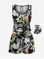 Plus Size Tropical Leaf Flower Print Hawaii Drawstring Pocket Romper -  