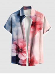 Plus Size Ombre Watercolor Flower Print Hawaii Button Pocket Shirt For Men -  