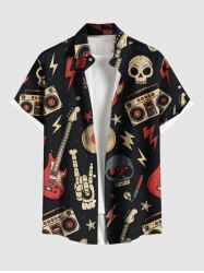 Chemise grande taille à imprimé tête de mort, guitare, radio, rock and roll hawaïen, boutonnée et poche pour homme - Noir XL
