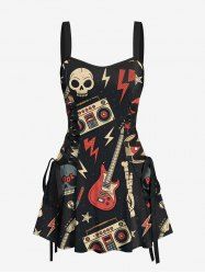 Robe débardeur trapèze à lacets avec imprimé tête de mort, guitare et radio, style rock and roll hawaïen - Noir L