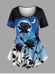 Plus Size Rose Flower Moon Star Galaxy Print T-shirt -  