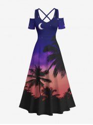 Plus Size Coconut Tree Moon Ombre Sky Star Print Cold Shoulder Crisscross Hawaii Maxi Dress -  