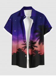 Plus Size Coconut Tree Moon Ombre Sky Star Print Buttons Pocket Hawaii Shirt For Men -  