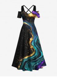 Robe longue trapèze hawaïenne à bretelles croisées et épaules dénudées, imprimé galaxie et paillettes, grande taille - Noir L