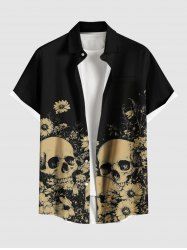 Chemise hawaïenne grande taille à imprimé tête de mort et marguerites, boutons et poches pour homme - Noir 4XL