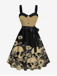 Plus Size Skulls Daisy Flowers Print Buttons Turn Down Collar Hawaii Dress With Belt -  