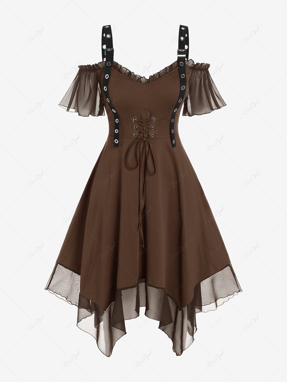New Gothic Plus Size Cold Shoulder Lace Up Grommet Handkerchief Chiffon Asymmetric Dress  