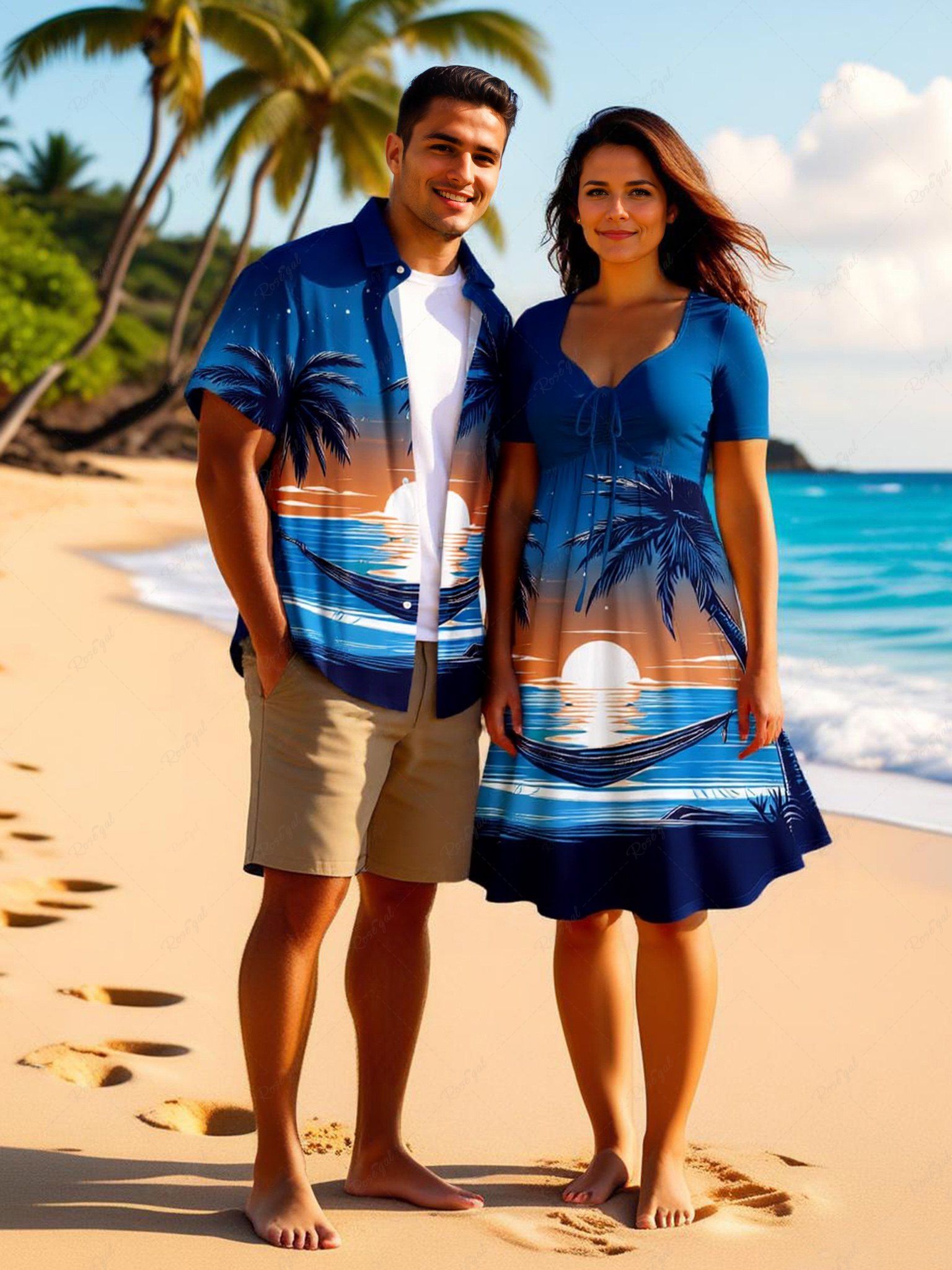 Tenue de plage hawaïenne assortie grande taille, motif cocotier, soleil, paysage marin, vagues, hamac, pour couples Bleu Ciel 