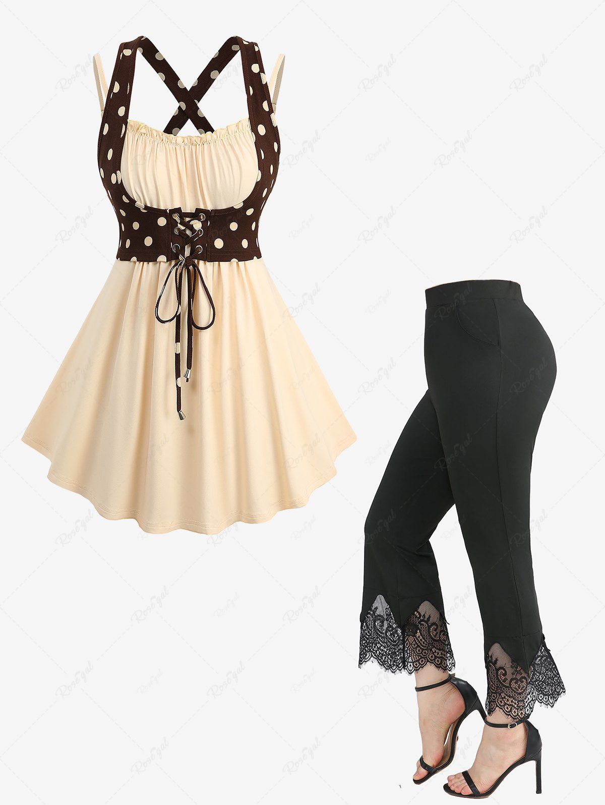 Discount Polka Dot Print Lace Up 2 In 1 Tank Top and Scalloped Tassel Flare Pants Plus Size Outfit  