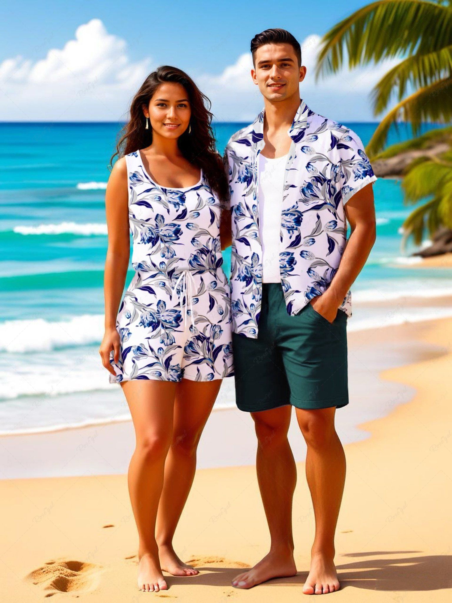 Sale Matching Hawaii Shirt and Romper Plus Size Beach Outfit Flowers Leaf Printed for Couples  
