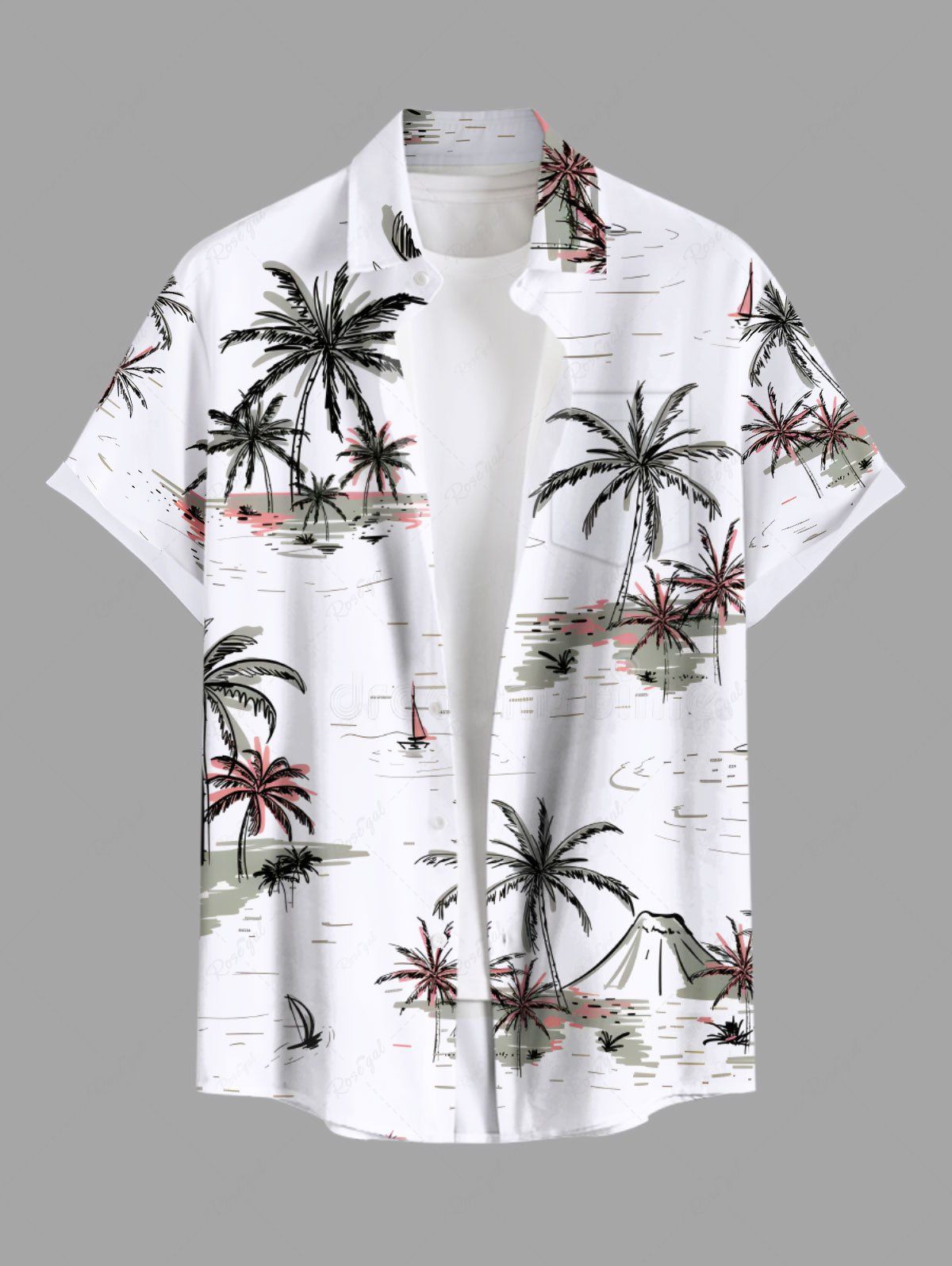 Chic Plus Size Coconut Tree Sailboat Sea Waves Print Buttons Pocket Hawaii Shirt For Men  