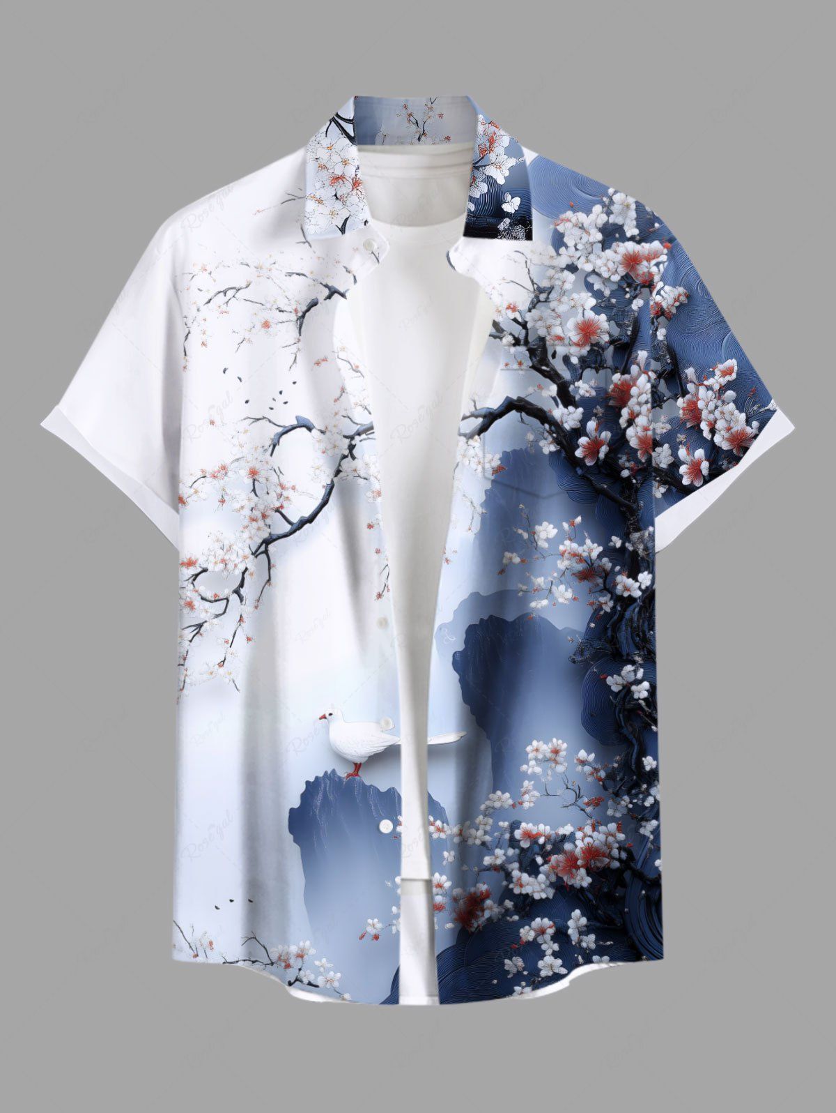 Chemise hawaïenne grande taille à imprimé fleurs de prunier de montagne, style chinois, boutons et poches, pour homme Bleu profond 5XL