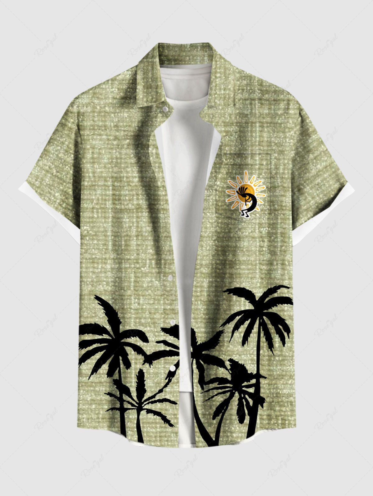 Outfits Plus Size Coconut Tree Sun Marled Print Buttons Pocket Hawaii Shirt For Men  