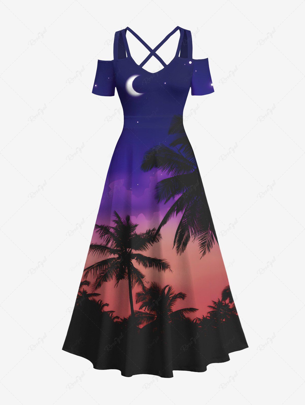Fancy Plus Size Coconut Tree Moon Ombre Sky Star Print Cold Shoulder Crisscross Hawaii Maxi Dress  