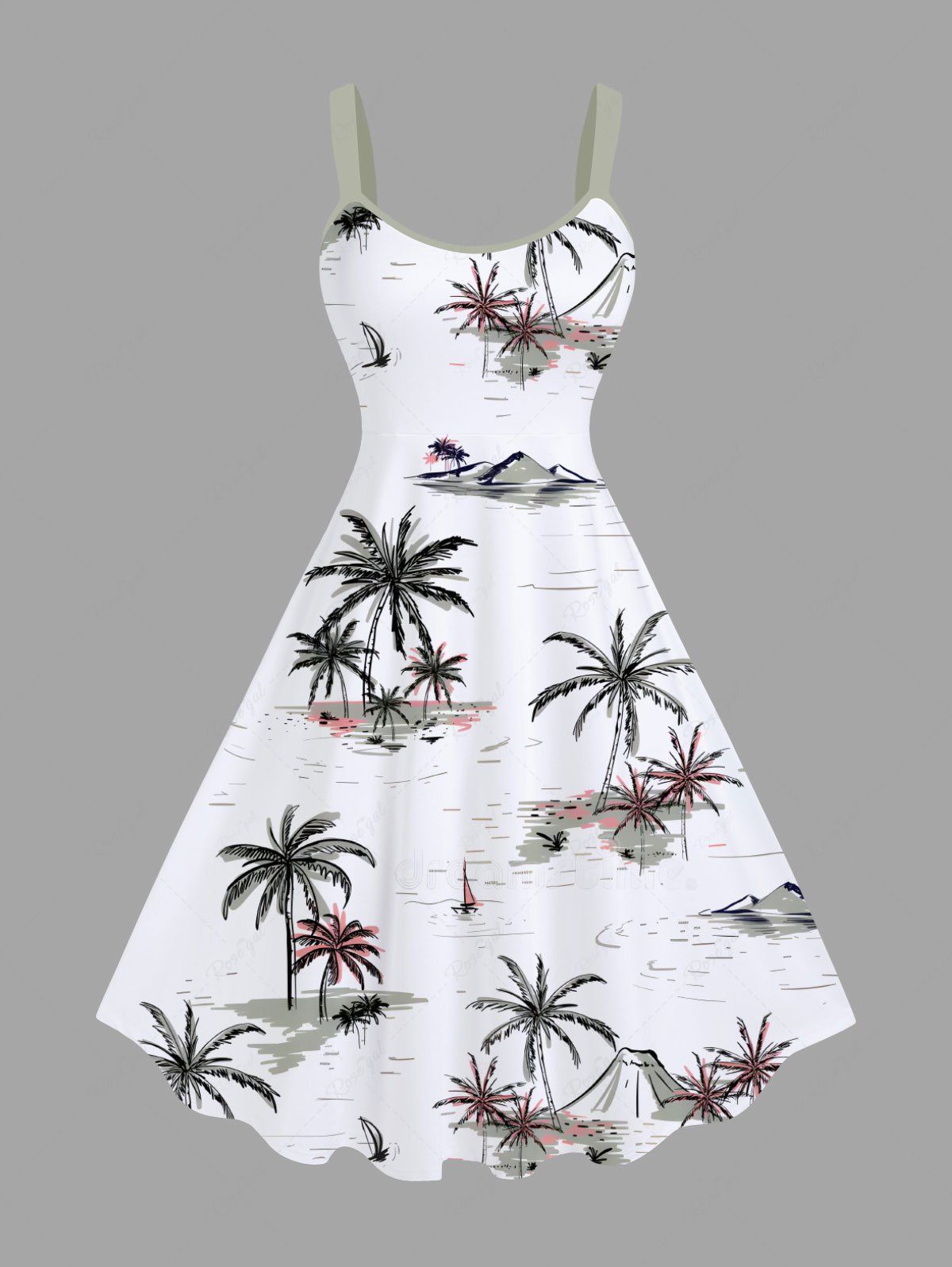 Robe débardeur hawaïenne grande taille à imprimé cocotier, voilier et vagues Blanc XXS