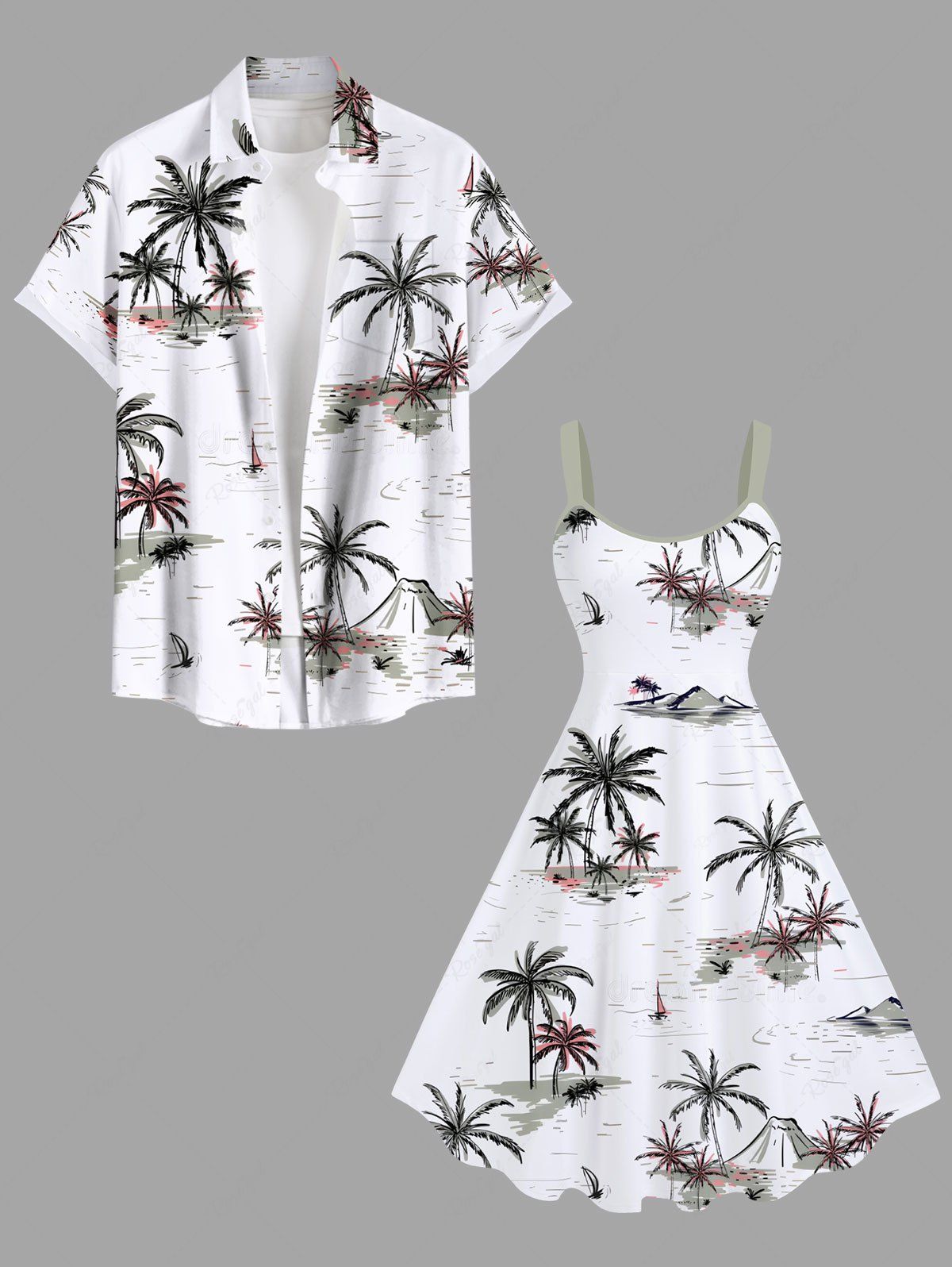 Tenue de plage hawaïenne assortie grande taille à imprimé cocotier et voilier et vagues pour couples Blanc 