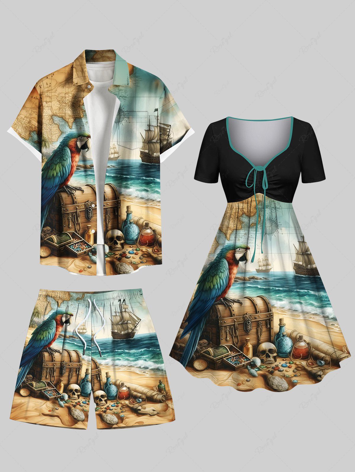 Outfit Distressed Sailboat Sea Wave Parrot Treasure Chest Skull Print Plus Size Matching Hawaii Beach Outfit For Couples  