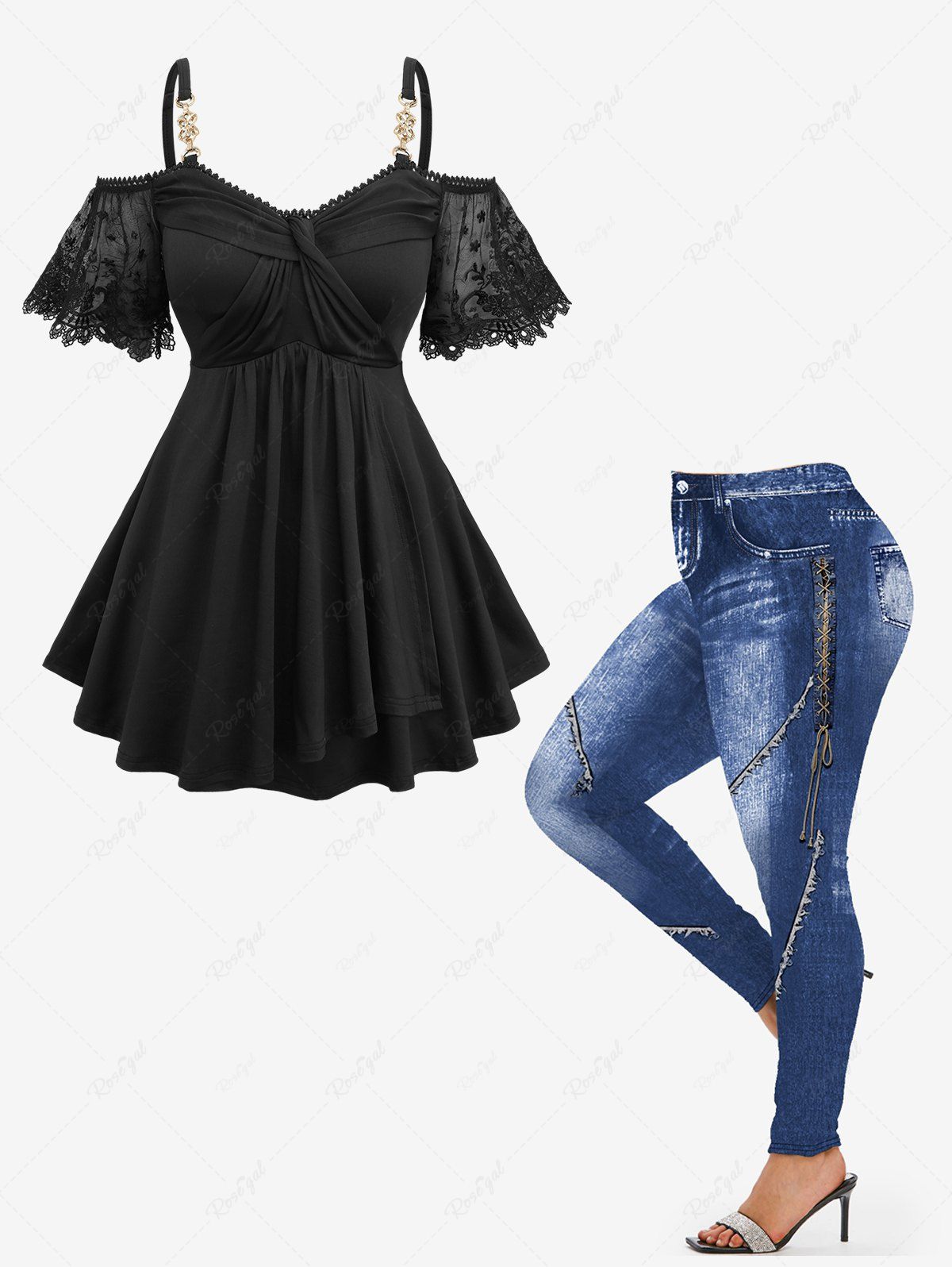 Discount Flower Lace Jacquard Embroidery Sleeves Crossover Top and 3D Denim Lace Up Print Leggings Plus Size Outfit  