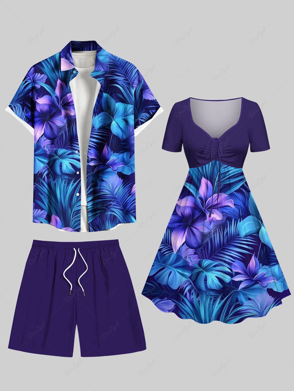 Unique Flower Leaf Tropical Print Plus Size Matching Hawaii Beach Outfit For Couples  