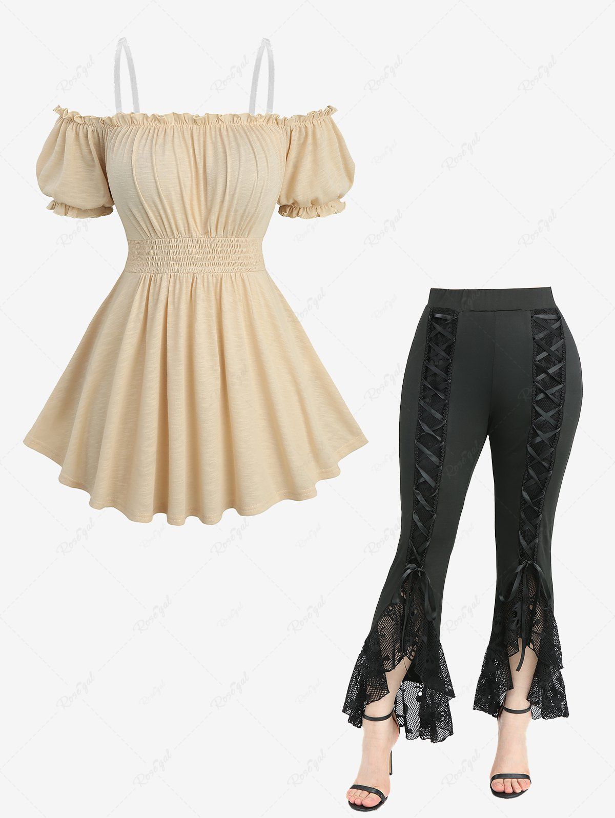 Outfits Ruched Bust Elastic Waist Top and Skull Fishnet Mesh Lace Up Ruffles Flare Pants Plus Size Outfit  