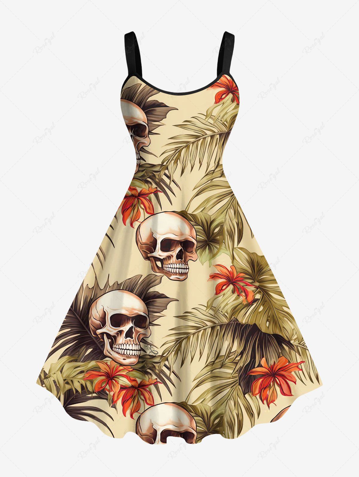 Affordable Plus Size Skulls Tropical Leaf Hibiscus Flowers Print Hawaii Tank Dress  