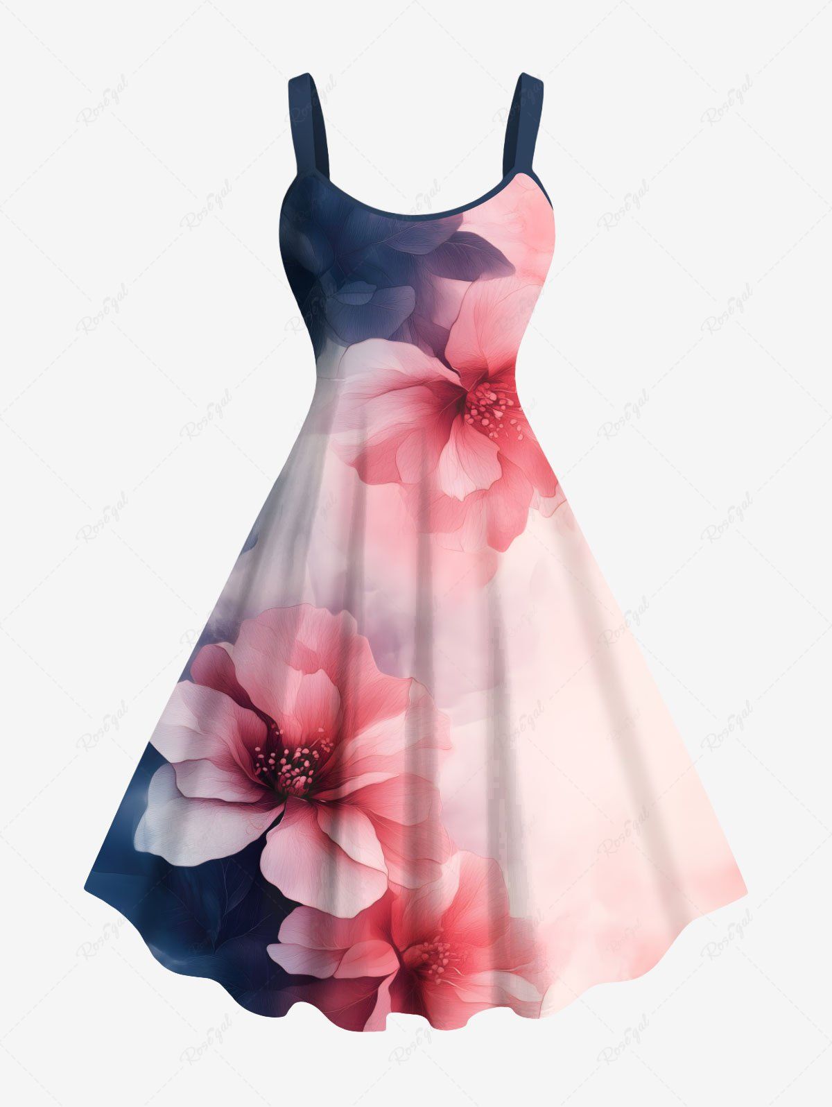 Chic Plus Size Ombre Watercolor Flower Print Hawaii A Line Tank Dress  