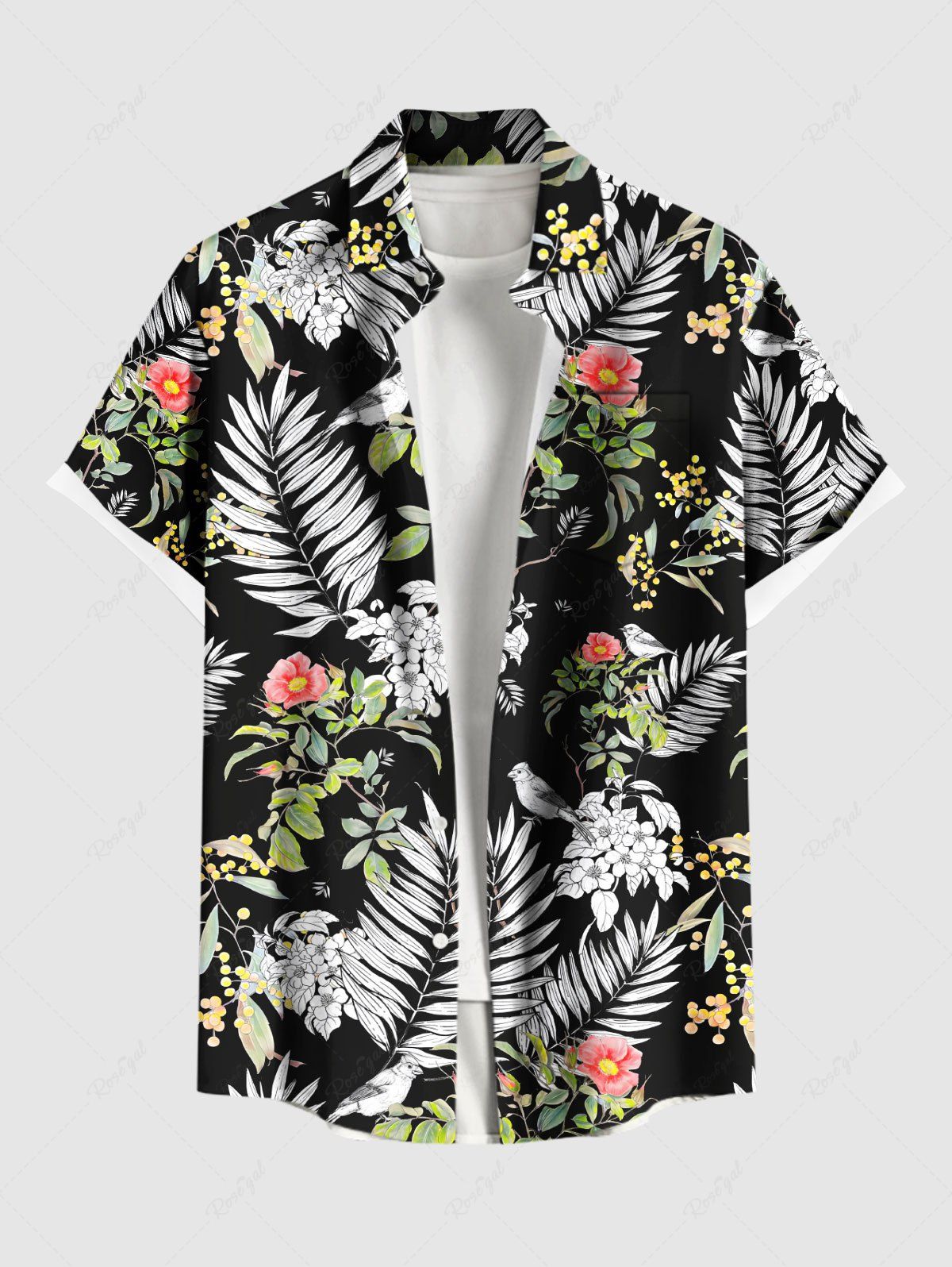 Trendy Plus Size Tropical Leaf Flower Print Hawaii Button Pocket Shirt For Men  