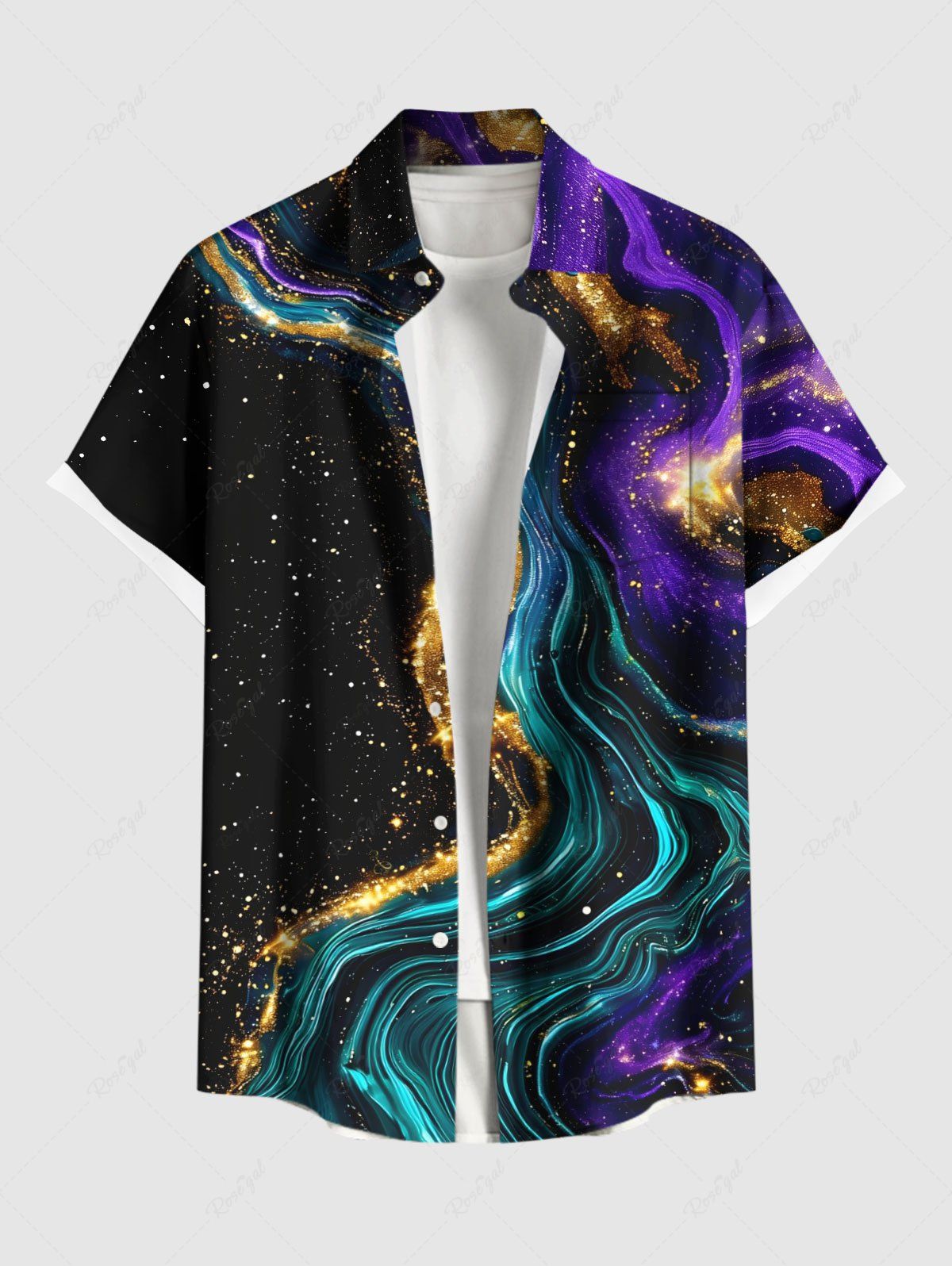 Chic Plus Size Glitter River Galaxy Print Hawaii Button Pocket Shirt For Men  